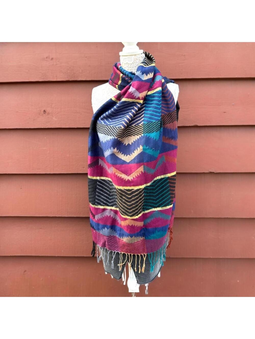 Colorful Geometric Patterned Scarf with Fringe